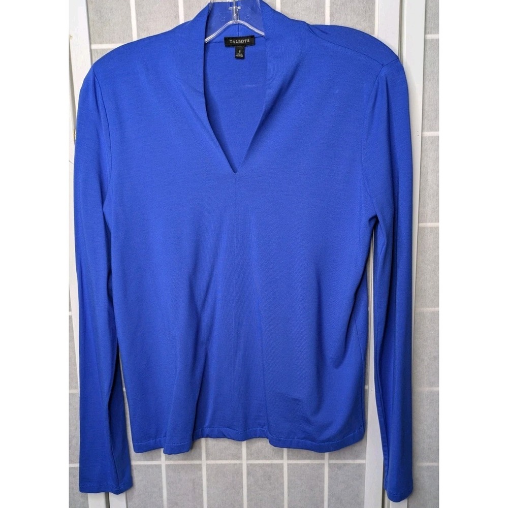 Talbots Women's Long Sleeve Top Small Rayon Blend Blue V Neck Everyday Workwear
